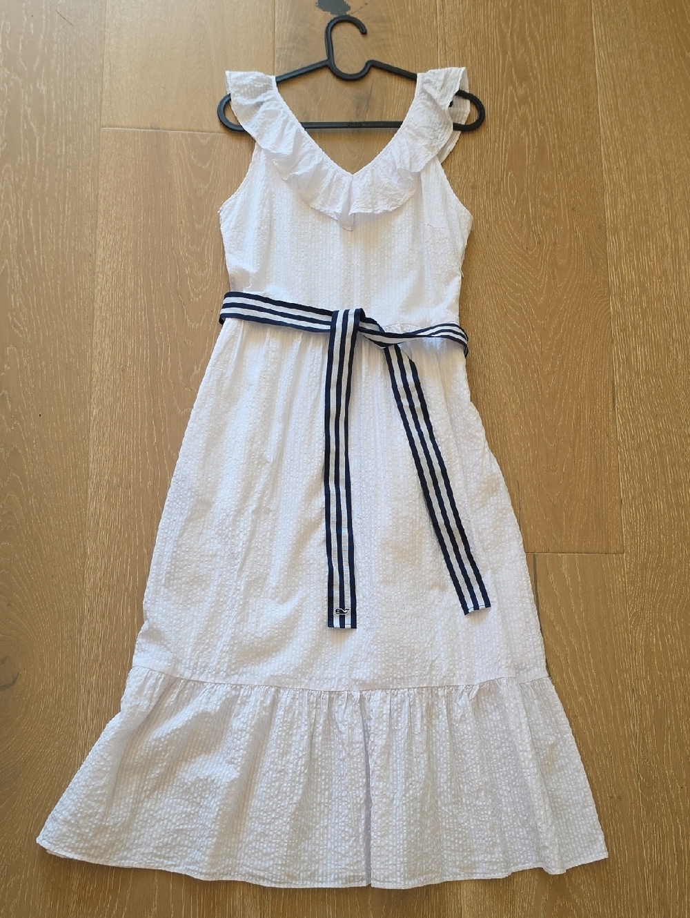 Vineyard Vines X Target White Ruffle V Neck Dress with Navy Striped Belt